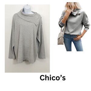 Chico’s 3 Women Size XL Gray Metallic Split Turtleneck Sweater Long Sleeve